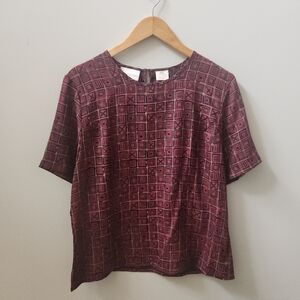 Christie & Jill Geometric Grid Print Blouse Burgundy Pink Short Sleeve Large